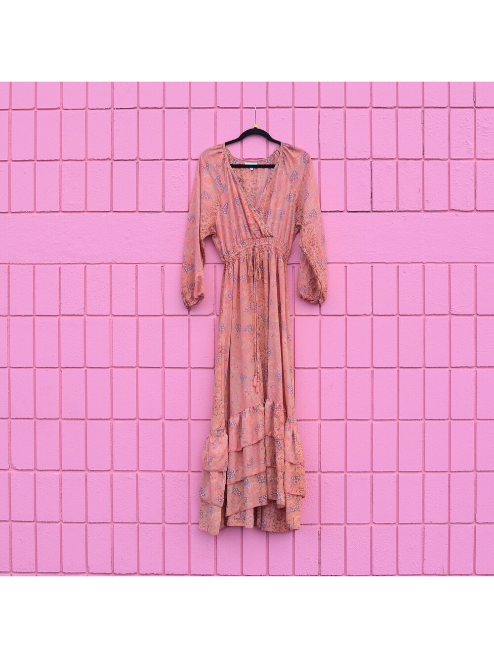 #167 L Boemo Maxi Boho Pink Blue Paisley Ruffle Waist Tie V-Neck Dress